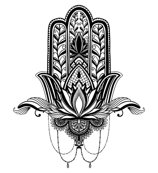 Hamsa talisman náboženství asijský a Lotosový květ. Černá barevná grafika v bílém pozadí Symbol ochrany a talismana proti ďáblu. Tetovaný motiv. — Stockový vektor