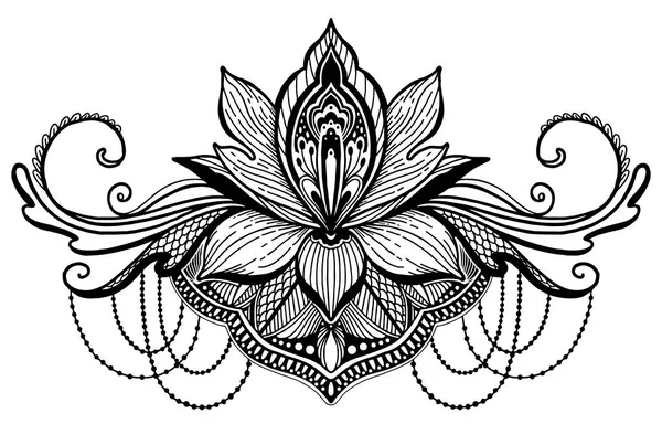 Etnický symbol Lotus Flower. Černá barva na bílém pozadí. Motiv tetování designu, dekorační prvek. Podepsat asijskou spiritualitu, norvanu a nevinu. — Stockový vektor