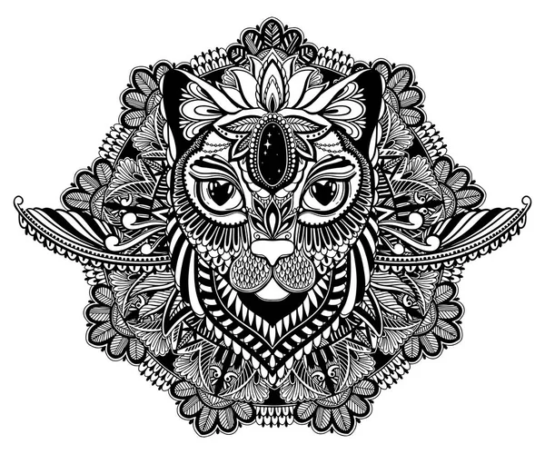 Kedi mistik ve mandala dövmesi. Beyaz arka planda siyah renk. Dekoratif grafik çizim. Yalıtılmış tasarım işareti.