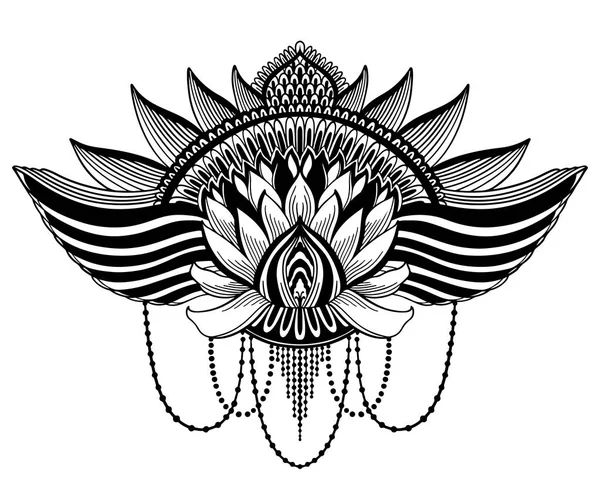Fiore di loto simbolo etnico. Colore nero in sfondo bianco.Tatuaggio motivo di design, elemento decorativo. Segno di spiritualità asiatica, norvana e innocenza . — Vettoriale Stock