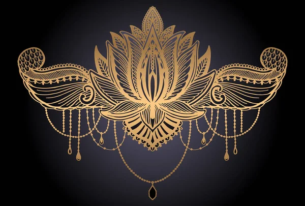 Flor de loto símbolo étnico. Color dorado degradado en fondo negro.Motivo de diseño de tatuaje, elemento de decoración. Signo de espiritualidad asiática, norvana e inocencia . — Vector de stock