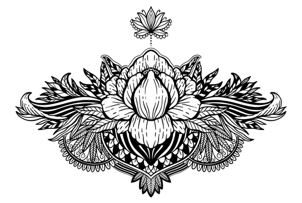 Flor de loto símbolo étnico. Color negro en fondo blanco.Motivo de diseño de tatuaje, elemento de decoración. Signo de espiritualidad asiática, norvana e inocencia . — Vector de stock