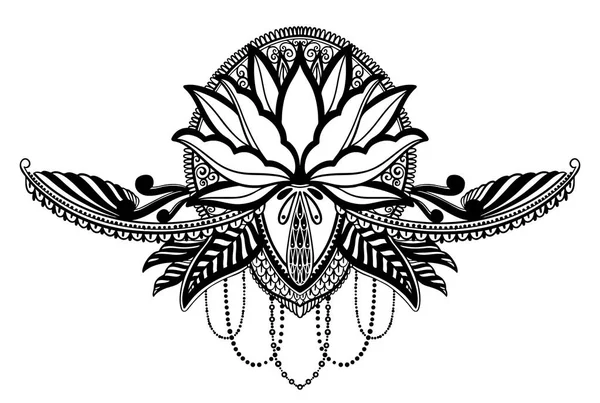 Etnický symbol Lotus Flower. Černá barva na bílém pozadí. Motiv tetování designu, dekorační prvek. Podepsat asijskou spiritualitu, norvanu a nevinu. — Stockový vektor