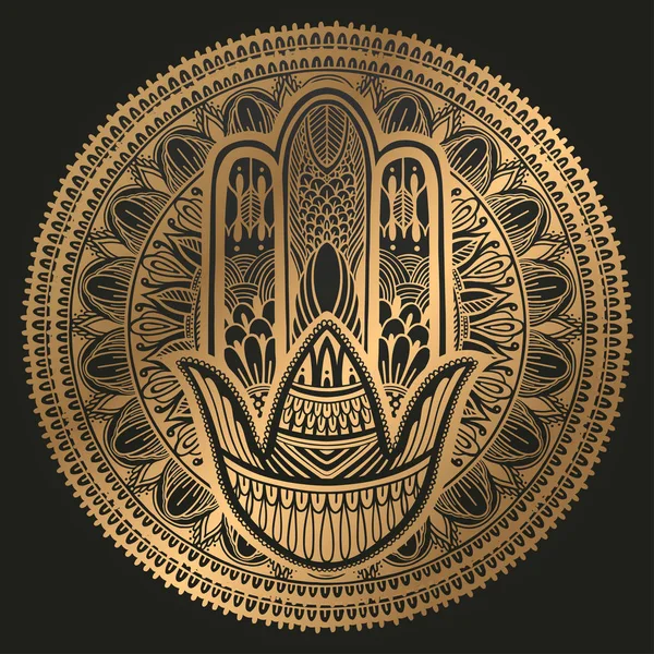 Hamsa religione talismano asiatico. Grafico a colori sfumato oro su sfondo nero. Simbolo di protezione e talismano contro il malocchio . — Vettoriale Stock