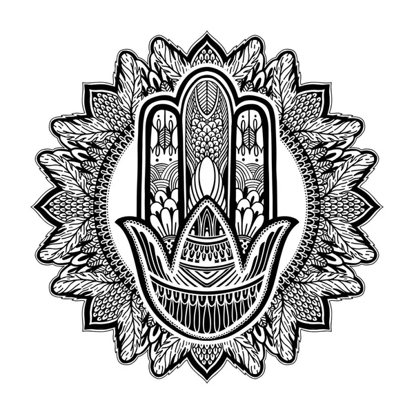 Hamsa talismán religión asiática. Gráfico de color negro en fondo blanco. Símbolo de protección y talismán contra el mal de ojo. . — Vector de stock