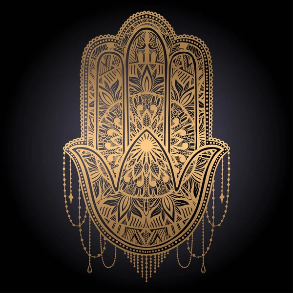 Hamsa talismán religión asiática. Gradiente gráfico de color dorado en fondo negro. Símbolo de protección y talismán contra el mal de ojo. . — Vector de stock