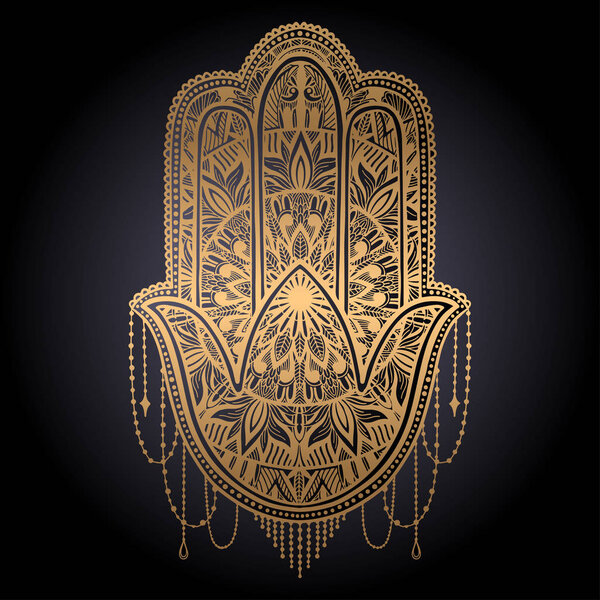 Hamsa talisman religion Asian. Gold gradient color graphic in black background. Symbol of protection and talisman against the evil eye.Tattoo motif.