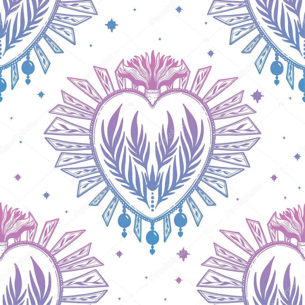 Pattern graphic illustration Beautiful holy heart with mystic and occult symbols. Esoteric boho style.