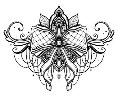 Gotik yay ve lotus çiçek dövme motifi. Beyaz arka planda siyah renk grafiği.