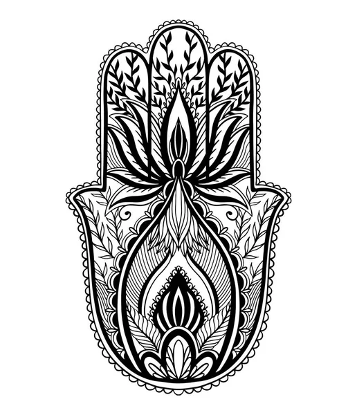 Magico talismano hamsa religione asiatica. Grafica a colori nera su sfondo bianco. . — Vettoriale Stock