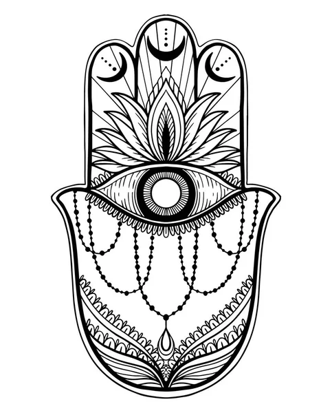 Magia talizman Hamsa religii Azji. Czarny kolor graficzny w białym tle. Motyw tatuażu. — Wektor stockowy