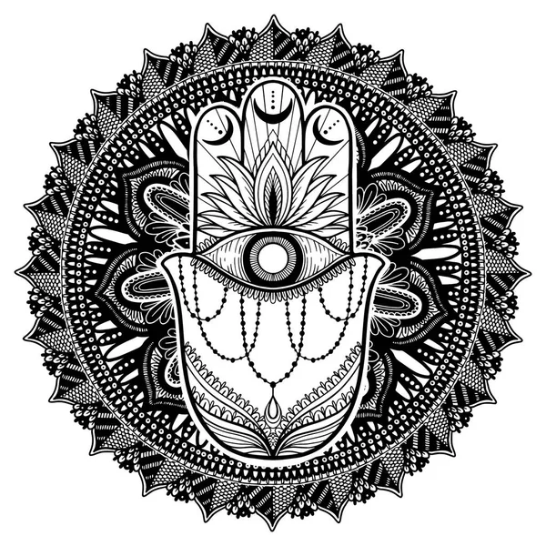 Magia Talismano hamsa religione mandala asiatico. Grafica a colori nera su sfondo bianco. . — Vettoriale Stock