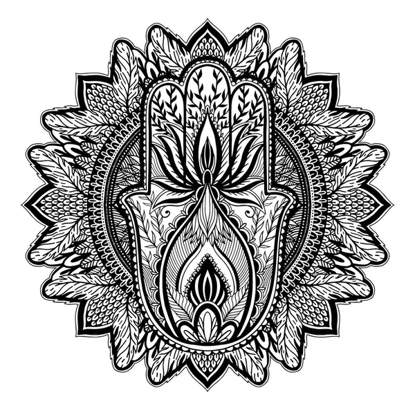 Magic Talisman Hamsa vallás az ázsiai Mandala. Fekete színű grafika fehér háttérrel. Tetoválás motívum. — Stock Vector