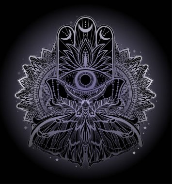 Sihirli Tılsım din Asya. Beyaz arka planda siyah renk grafiği. Kelebek güve mandala illüstrasyon .