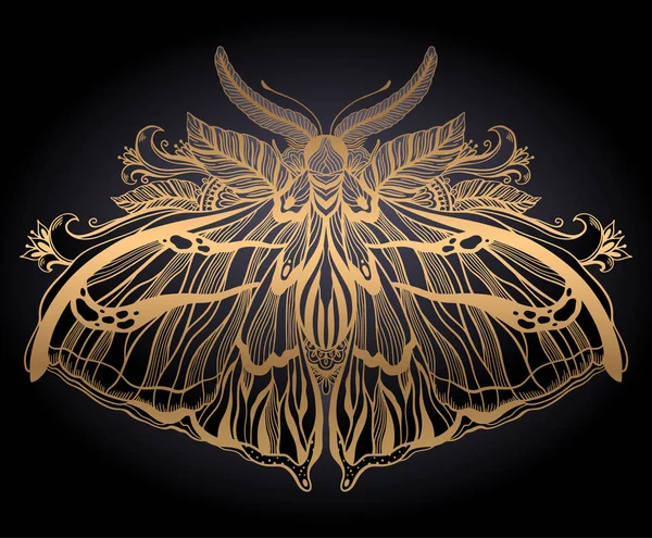 Grafische illustratie met Mystic Moth en occulte hand getekende symbolen. Astrologisch en esoterisch vrijmetselarij concept. Oude vintage stijl. — Stockvector