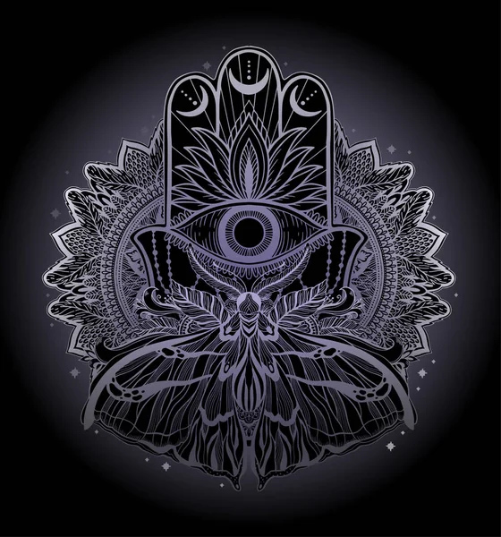 Magische talisman religie Aziatische. Zwarte kleur afbeelding in witte achtergrond. Vlinder vlinder Mandala illustratie . — Stockvector
