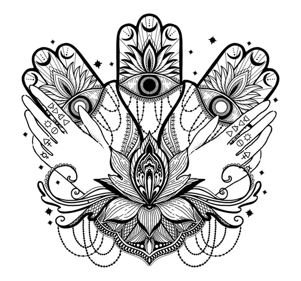 Magische talisman religie Aziatische en hand, Lotus bloem. Zwarte kleur afbeelding in witte achtergrond. Vlinder vlinder Mandala illustratie . — Stockvector