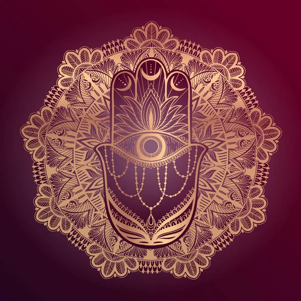 Kouzelný talisman Hamsu, náboženství asijský Mandala. Zlatá barevná grafika na červeném pozadí. Tetovaný motiv. — Stockový vektor