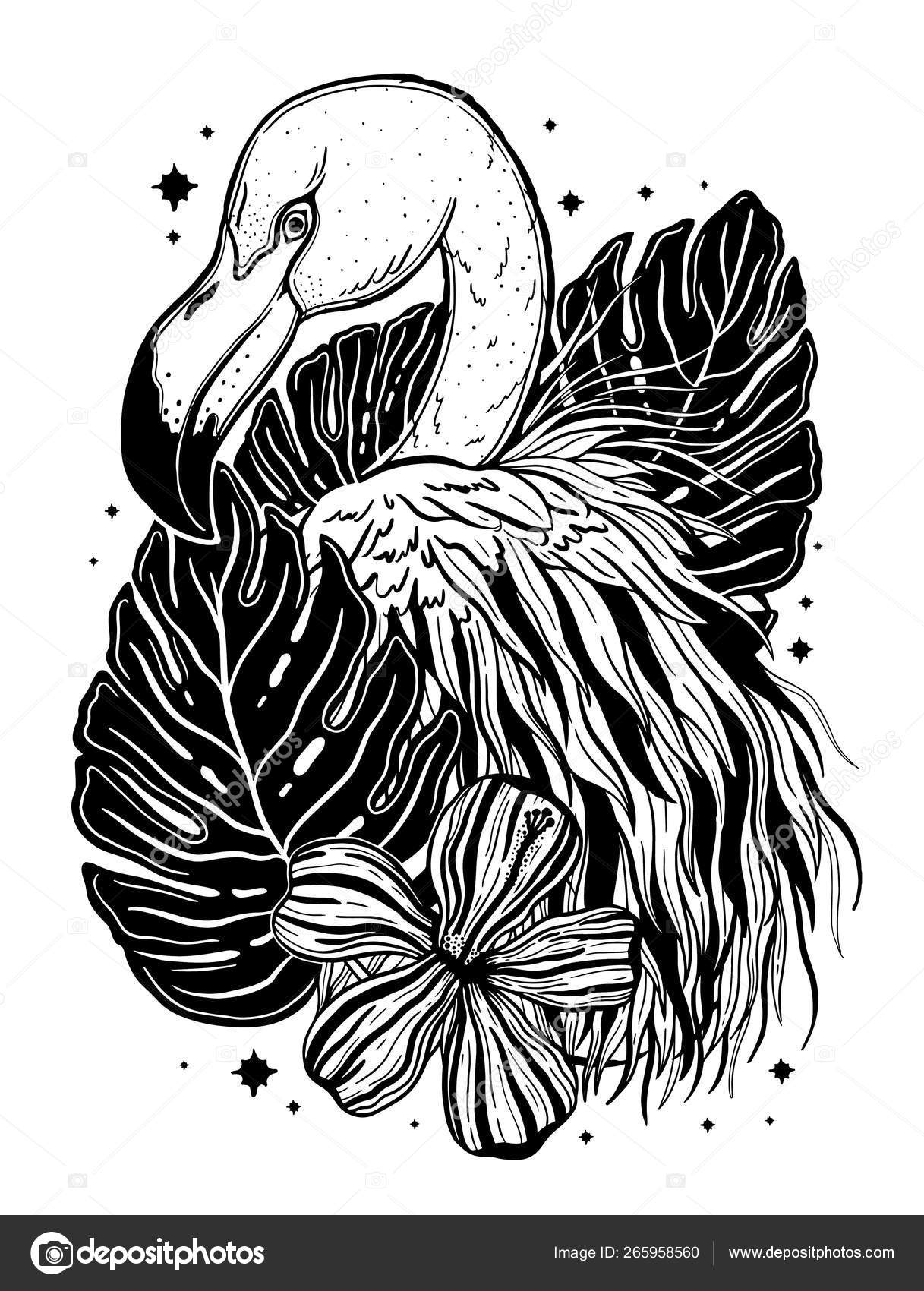 Flamingo tattoo tropical animal bird. Summer nature drawing. Black