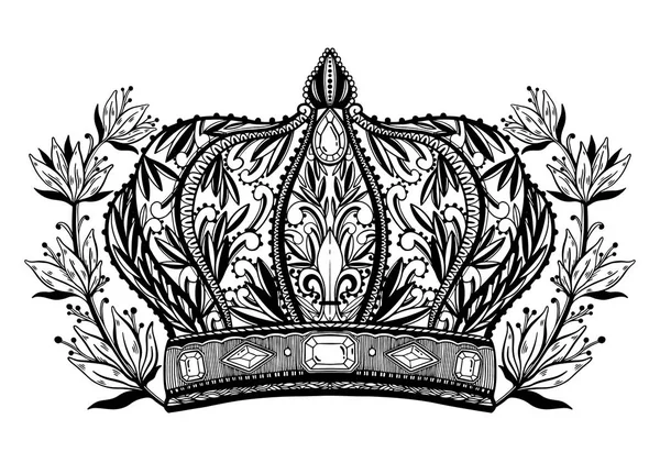 Corona rey y reina elegante dibujo de arte. Color negro en fondo blanco . — Vector de stock