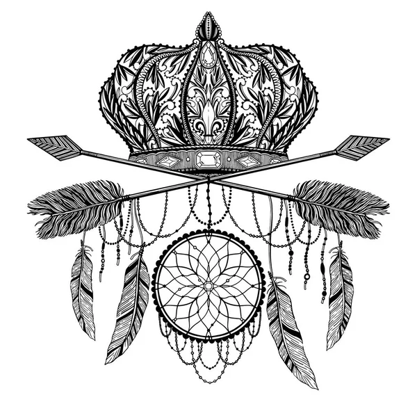 Corona re e regina e freccia croce elegante disegno art. Colore nero su sfondo bianco . — Vettoriale Stock