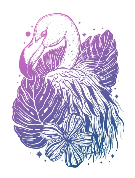 Фламінго тату тропічний Тваринний птах. Літній природний малюнок. Градієнтний колір ізольований INA білий фон. — стоковий вектор