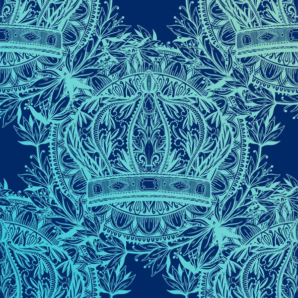 无缝图案皇冠王和王后优雅的绘画艺术。蓝色饰品. — 图库矢量图片