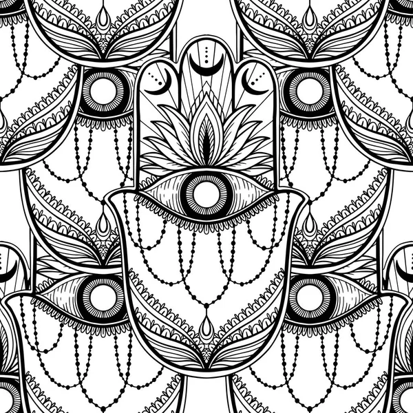 Seamless pattern hamsa talisman religion Asian. Black color graphic in white background. Symbol of protection and talisman against the evil eye.Tattoo motif. — Stock Vector