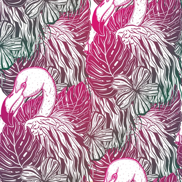 Bezszwowy wzór Flamingo tropikalny ptak zwierząt. Lato charakter rysunek. Kolor gradientu różowy. Ilustracja wektorowa. — Wektor stockowy