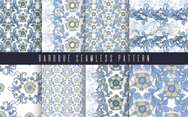 Dekoratif süs dikişsiz yay dikişsiz desen seti. Yaprakları ile sonsuz zarif doku. Tasarım kumaş, arka planlar, ambalaj kağıdı, paket, kapaklar için tempate.