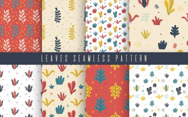 Dikişsiz desen Düz set bırakır. Tropikal bitkiler basit süs. Doğa basit yeşil çiçek. Minimal stil fantezisi. Vektör çizimi.