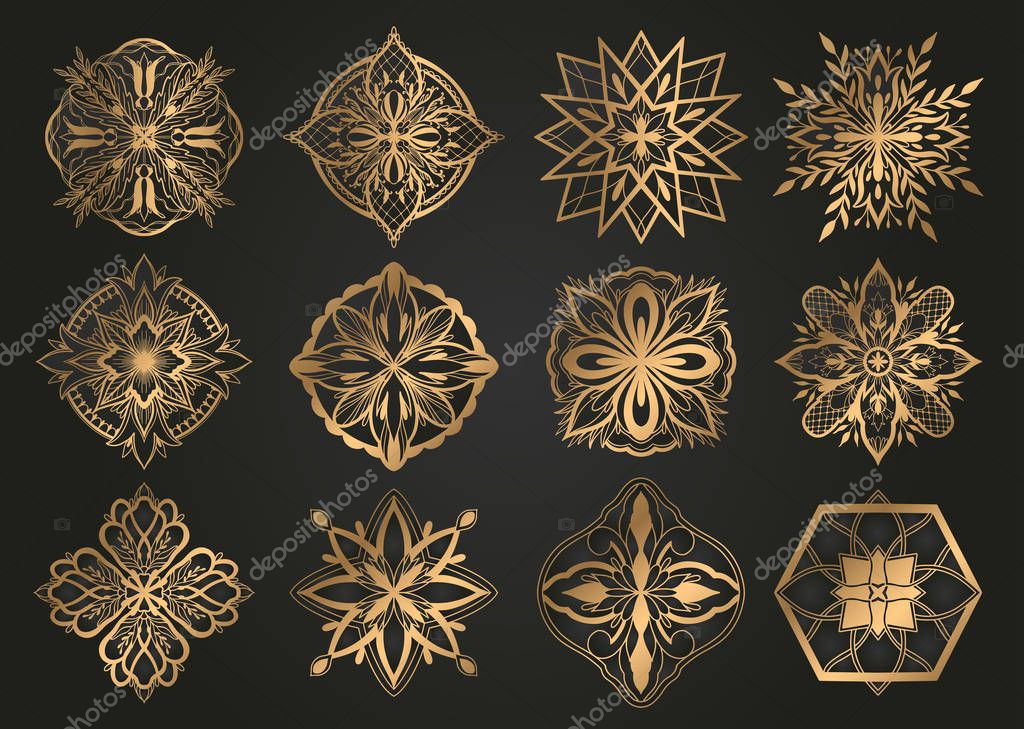 Islamic ornament vector gold design,persian motif.Gold graphic color in black backgroundRamadan islamic round pattern elements . Geometric template set. Circular ornamental arabic symbols.Arabic symbol.