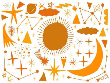 Vector set kroki naif el alan, yıldız, bulut, Güneş, ay, kuyruklu yıldız ile çizilir. Doodle tarzı. Tasarım elemanları.