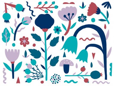 Doğa düz saf set. Bitkiler beyaz arka planda izole şekli. Minimal tarzı fantezi. Trendy yaratıcı tasarım.