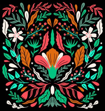 Ethno Folk dekoratif çiçek süsleme. Simetri speküler kompozisyon. Soyut süsleme çizim.