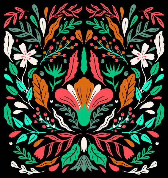 Adorno floral decorativo étnico popular. Composición especular de simetría. Dibujo ornamento abstracto . — Vector de stock