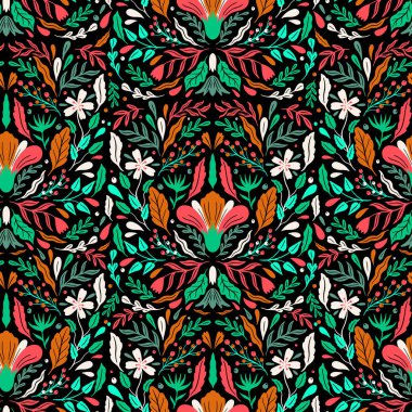 Dikişsiz desen çiçek. Doğa halk süsü. Etno boho tarzı. El çizimi.