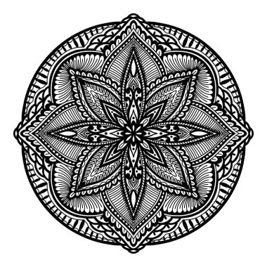 Etnik Mandala dekorasyonu. Boho şık oryantal motif. Beyaz arka planda siyah renk.