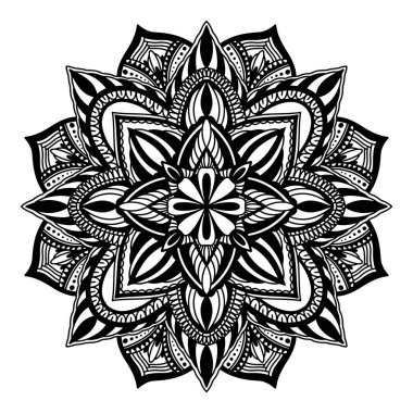 Etnik Mandala dekorasyonu. Boho şık oryantal motif. Beyaz arka planda siyah renk.