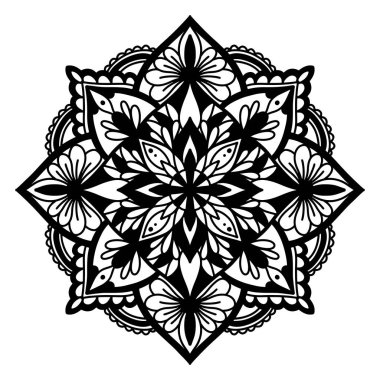 Etnik Mandala dekorasyonu. Boho şık oryantal motif. Beyaz arka planda siyah renk.