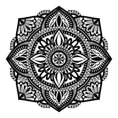 Etnik Mandala dekorasyonu. Boho şık oryantal motif. Beyaz arka planda siyah renk.