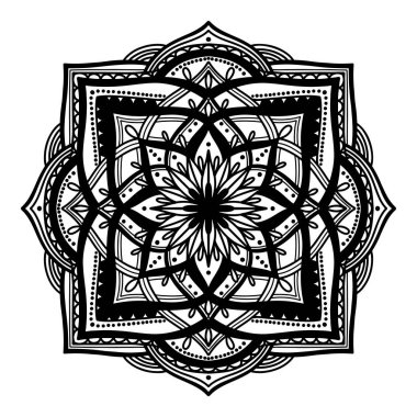 Etnik Mandala dekorasyonu. Boho şık oryantal motif. Beyaz arka planda siyah renk.