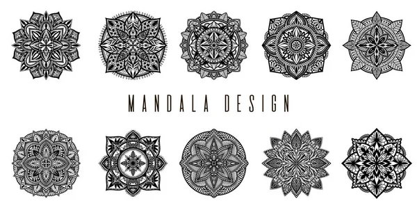 Mandala ethnique ensemble décoration.Boho chic motif oriental. Couleur noire en fond blanc . — Image vectorielle