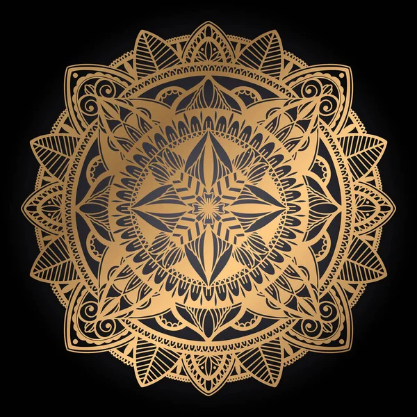 Etnikai Mandala dekoráció. Boho elegáns keleti motívum. Aranyszínű fekete háttér. — Stock Vector