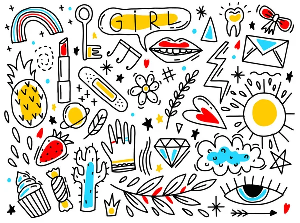 Doodle set elemanı kız. El çizilmiş tarzı saf. Anahat siyah.