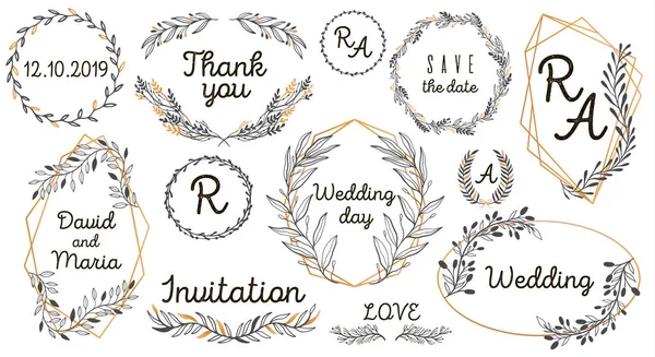Elemen vektor sketsa tangan: karangan bunga, daun, bingkai. Sempurna untuk undangan, kartu ucapan, kutipan, blog Poster Wedding Frames Big set - Stok Vektor