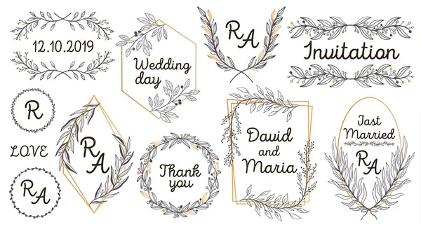 Elemen vektor sketsa tangan: karangan bunga, daun, bingkai. Sempurna untuk undangan, kartu ucapan, kutipan, blog Poster Wedding Frames Big set - Stok Vektor