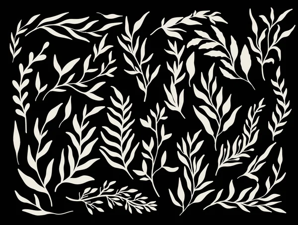 Rama de silueta abstracta hojas colección conjunto naturaleza dibujado a mano. Adorno étnico, estampado floral, tejido textil, elemento botánico . — Archivo Imágenes Vectoriales
