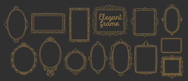 Collection frame gold wedding design invitation. Romantic border vintage hand drawn,decorative elegant element. — Stock Vector