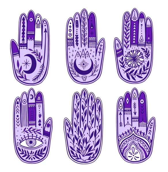 Palmistry av hand set, violett lila ritning i en cirkel på — Stock vektor